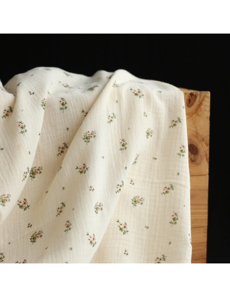 Laure - Double gaze coton BIO motif exclusif fond écru vert olive