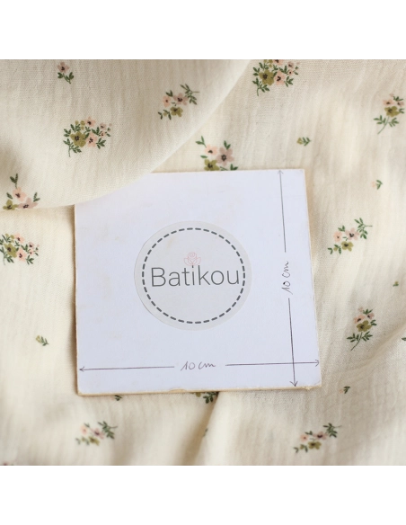 Laure - Double gaze coton BIO motif exclusif fond écru vert olive