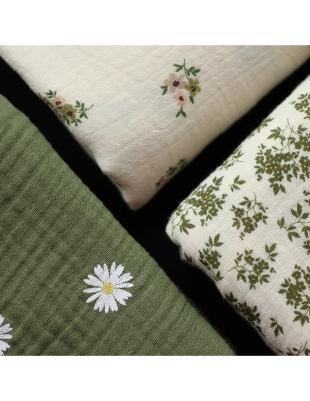 Laure - Double gaze coton BIO motif exclusif fond écru vert olive