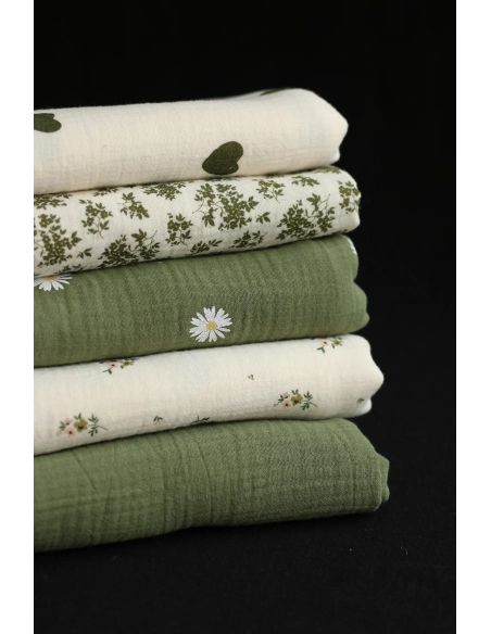 Laure - Double gaze coton BIO motif exclusif fond écru vert olive