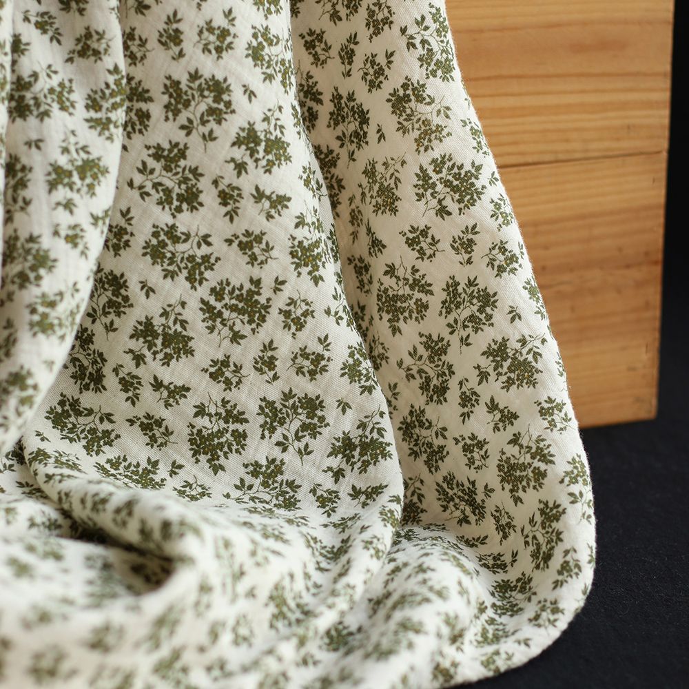 Soumeya - Double gaze coton BIO motif exclusif fond écru vert olive