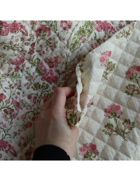 Karishma rose - Tissu indien matelassé double face coton hand block largeur 100cm