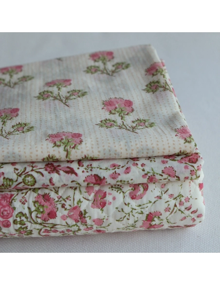 Karishma rose - Tissu indien matelassé double face coton hand block largeur 100cm