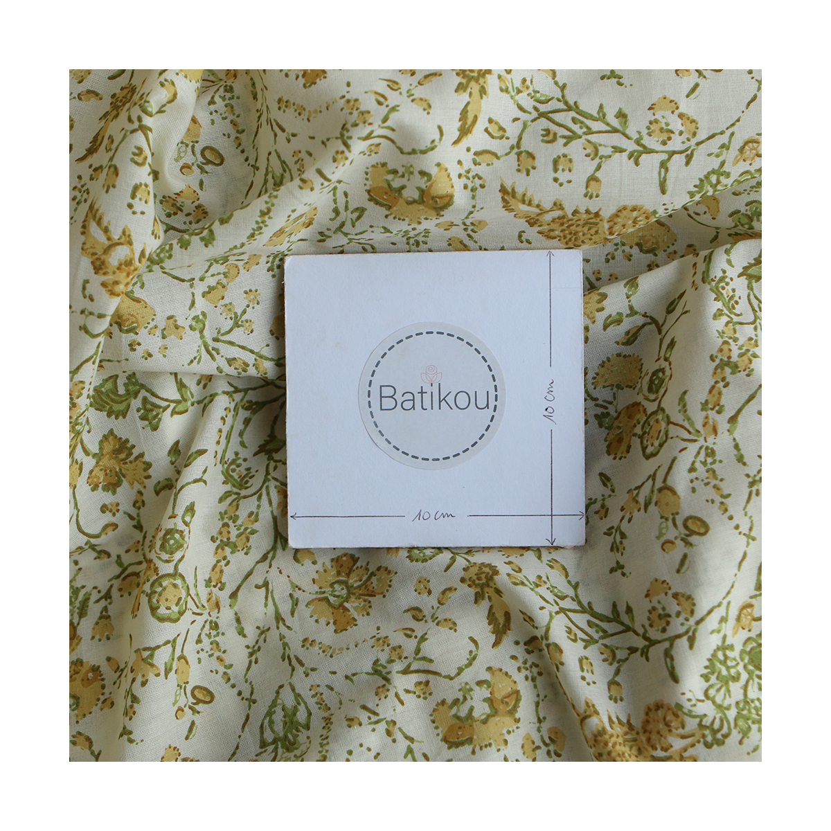 Karishma jaune - Tissu indien coton hand block floral jaune moutarde et vert sur fond écru