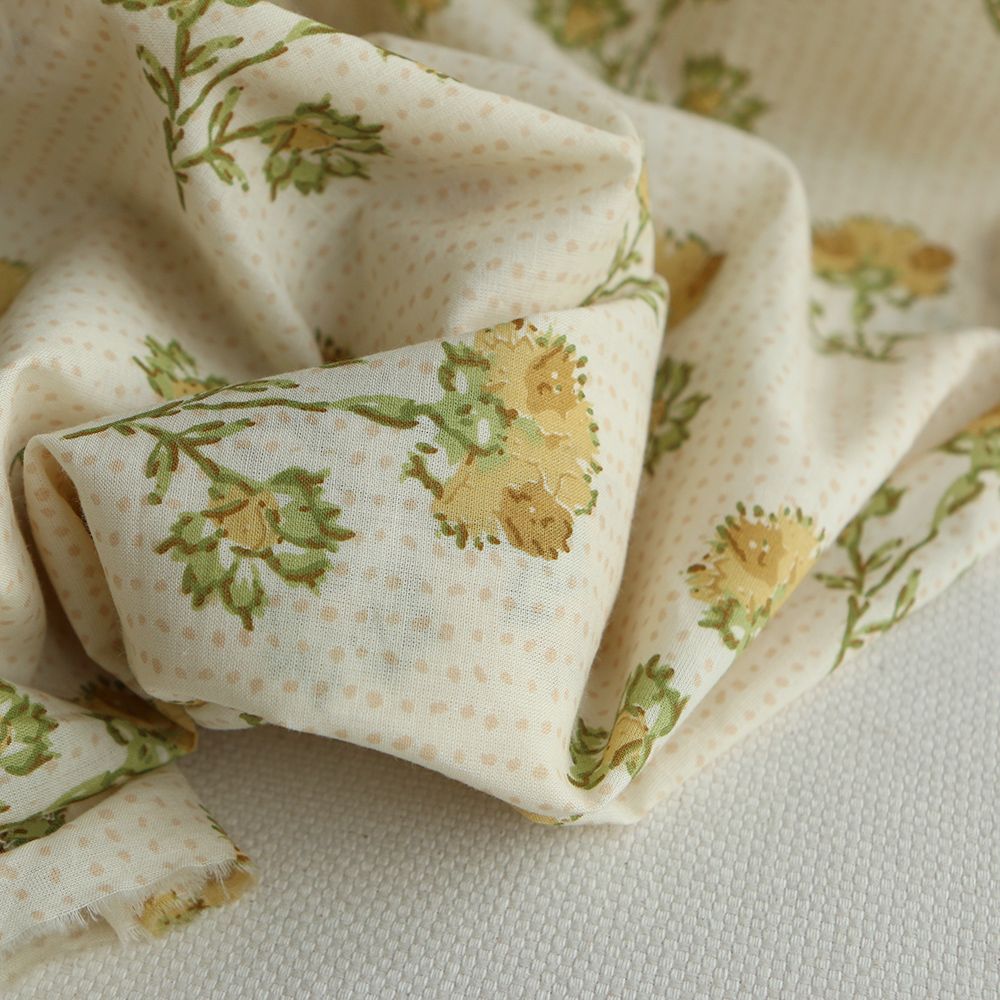 Karishma jaune B - Tissu indien en coton imprimé main Hand Block Artisanal