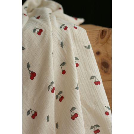 Cherry - Double gaze de coton BIO écru motif exclusif cerises Cherry - Double gaze de coton BIO écru motif exclusif cerises