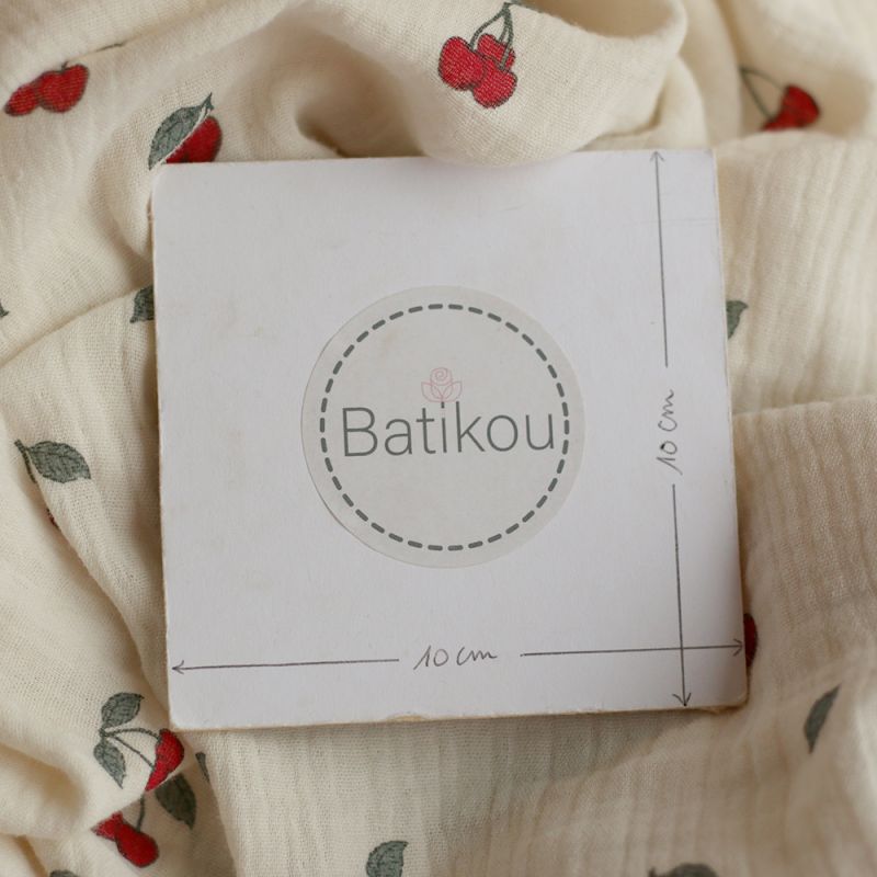 Cherry - Double gaze de coton BIO écru motif exclusif cerises