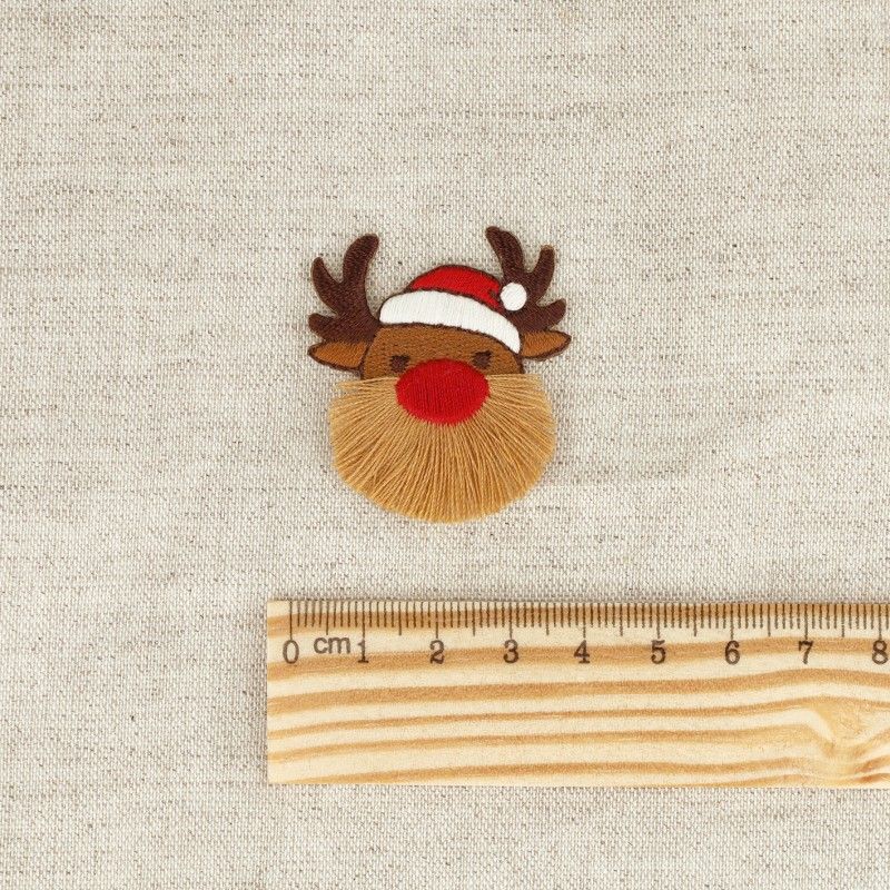 Ecusson à frange / pompon renne Rudolph thermocollant sans couture