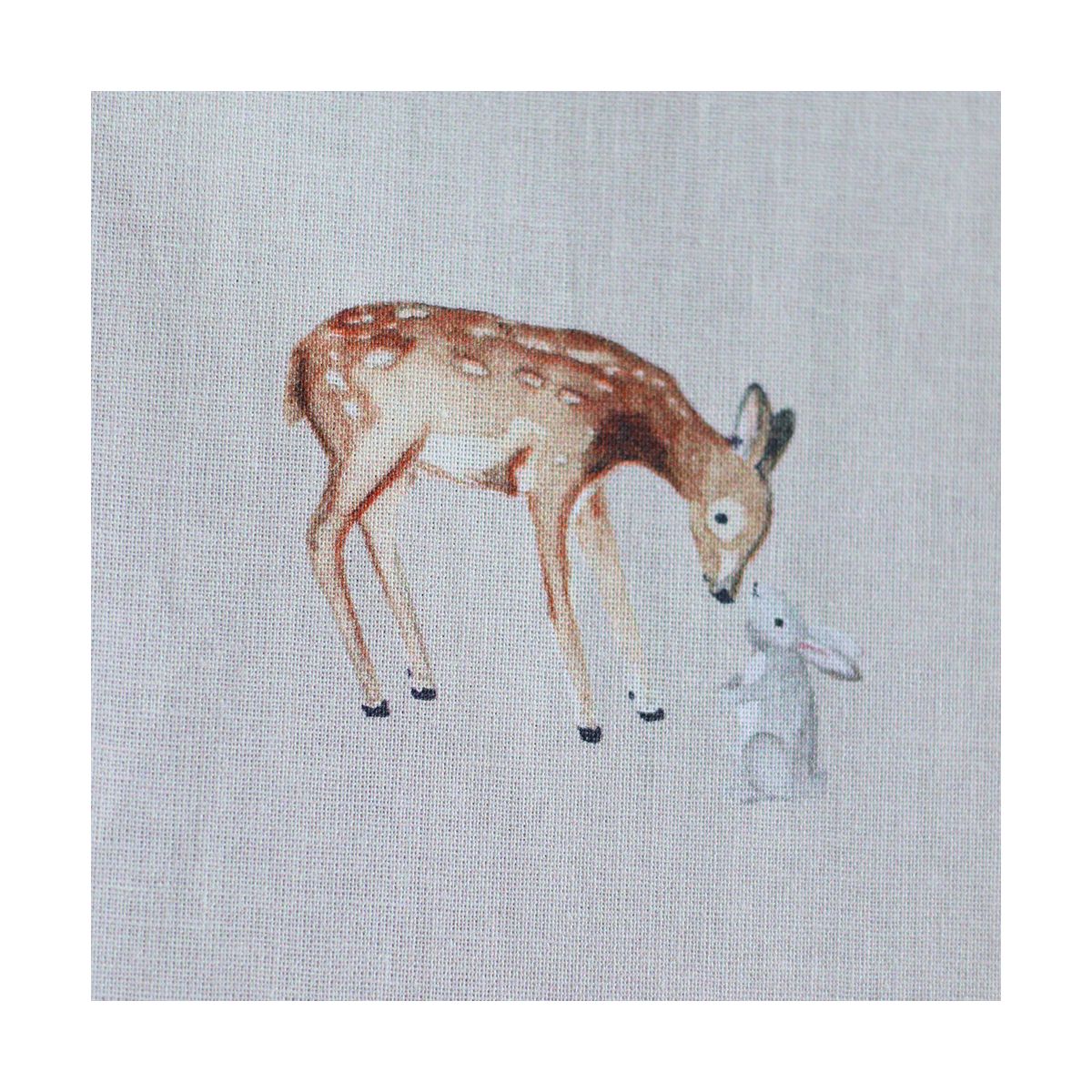 Bambi - Popeline de coton fond beige motif biche, lapin et champignons