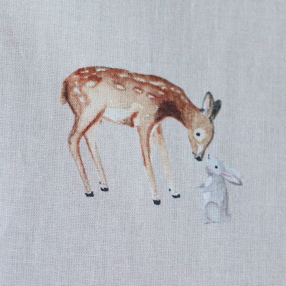 Bambi - Popeline de coton fond beige motif biche, lapin et champignons