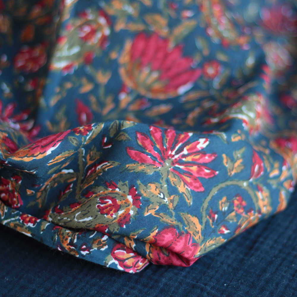 Tissu indien coton hand block traditionnel bleu marine Batikou - 3