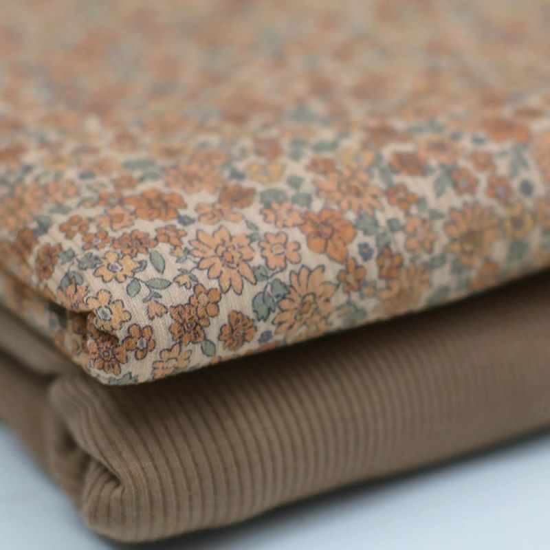 Jersey coton côtes fines à motif fleuri beige ocre