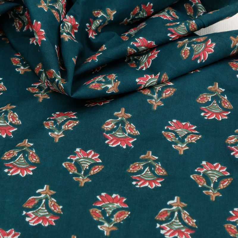 Tissu indien coton hand block traditionnel bleu canard