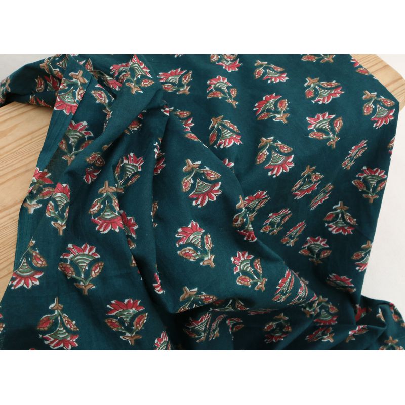 Tissu indien coton hand block traditionnel bleu canard