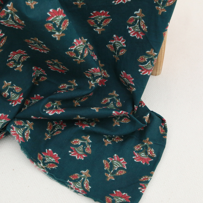 Tissu indien coton hand block traditionnel bleu canard