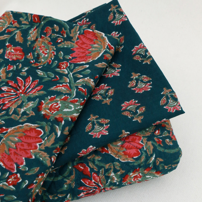 Tissu indien coton hand block traditionnel bleu canard