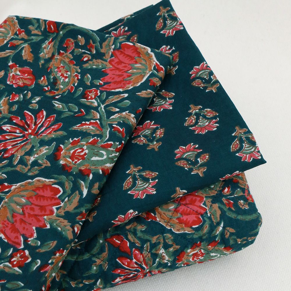 Tissu indien coton hand block traditionnel bleu canard