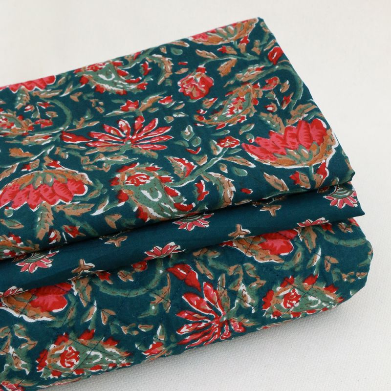 Tissu indien coton hand block traditionnel bleu canard