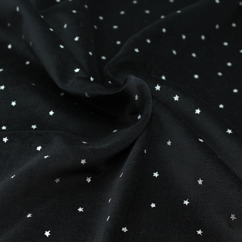 Velours ras coton organique coloris Noir intense étoiles argentées