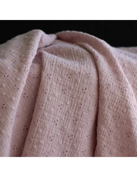 Adèle - Double gaze de coton brodée coloris rose pétale