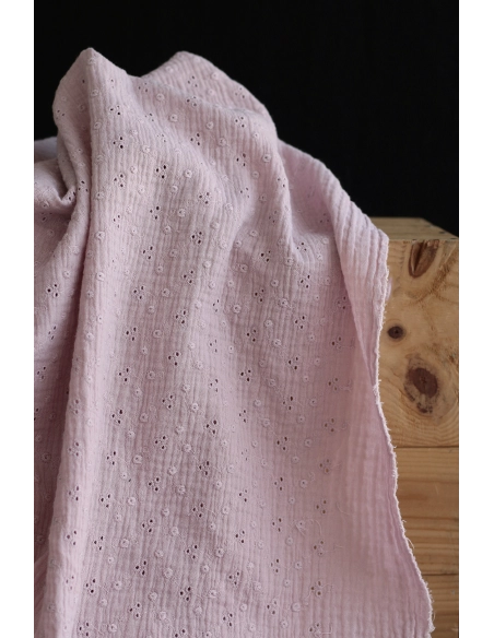 Adèle - Double gaze de coton brodée coloris rose pétale