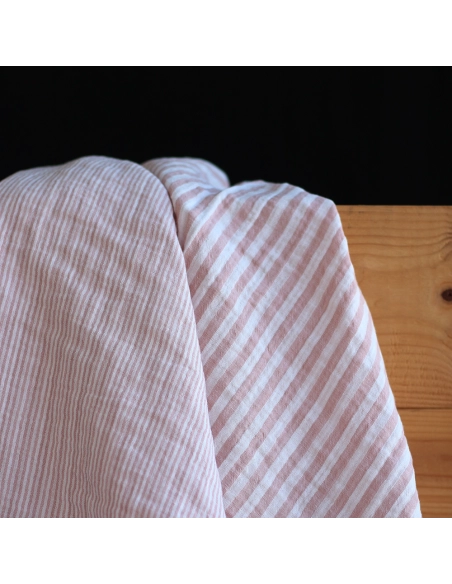 Double gaze de coton réversible rayures vieux rose