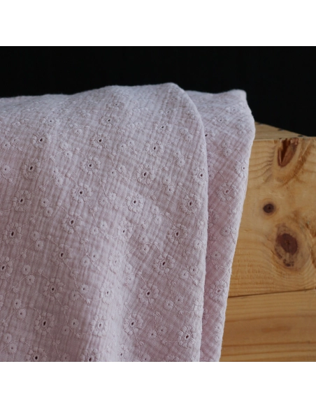 Double gaze de coton Suzy brodée coloris rose pétale