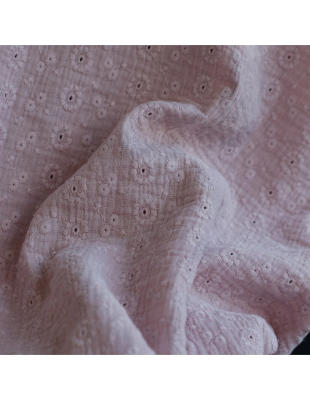 Double gaze de coton Suzy brodée coloris rose pétale
