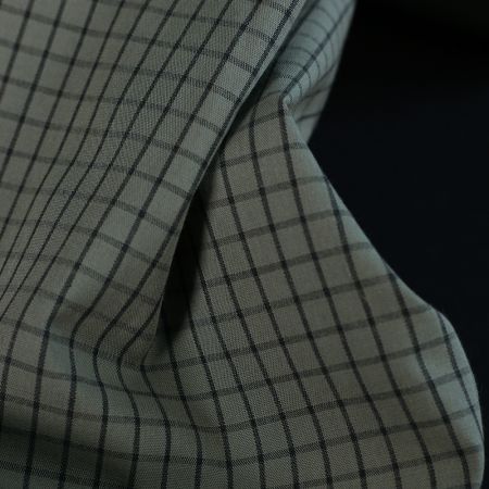 Jules - Popeline de coton tissé carreaux anthracite kaki clair