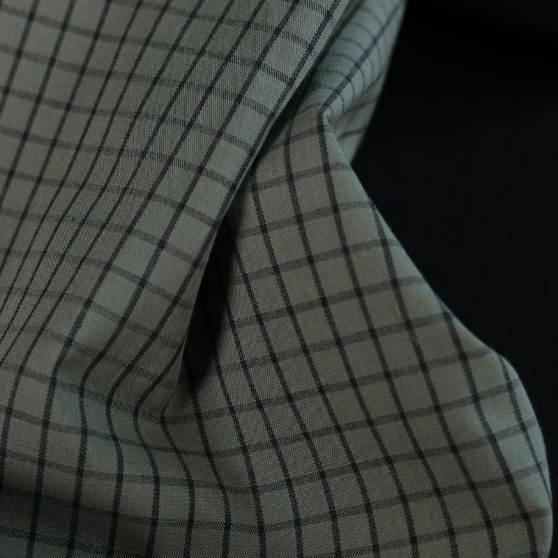 Jules - Popeline de coton tissé carreaux anthracite kaki clair