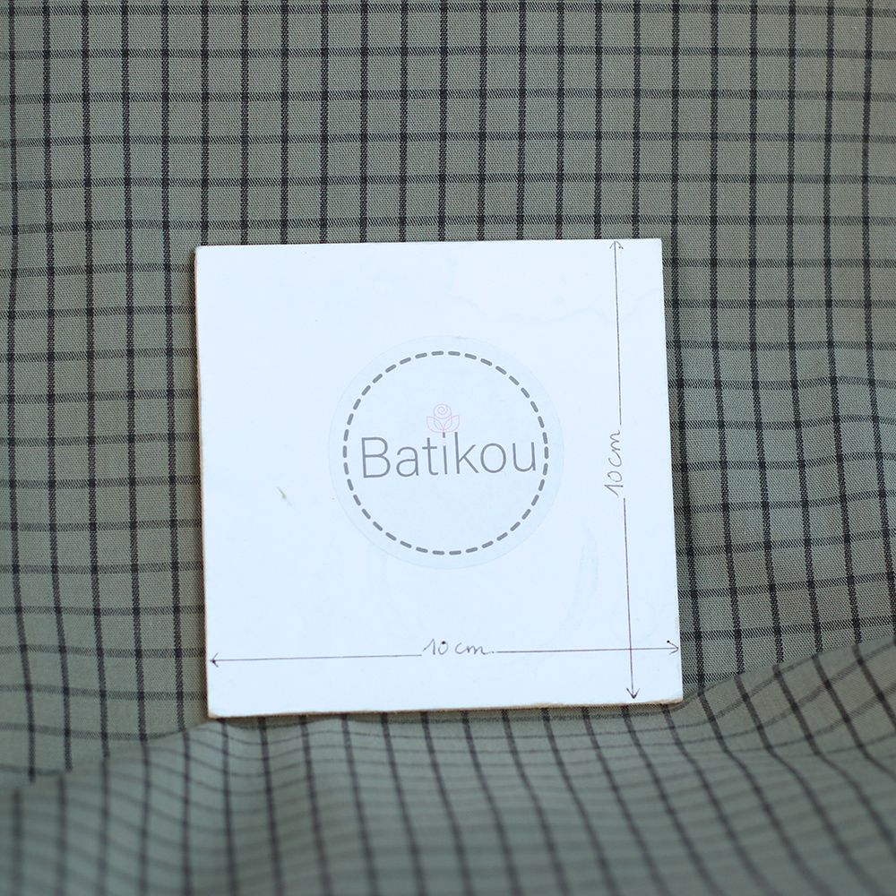 Jules - Popeline de coton tissé carreaux anthracite kaki clair