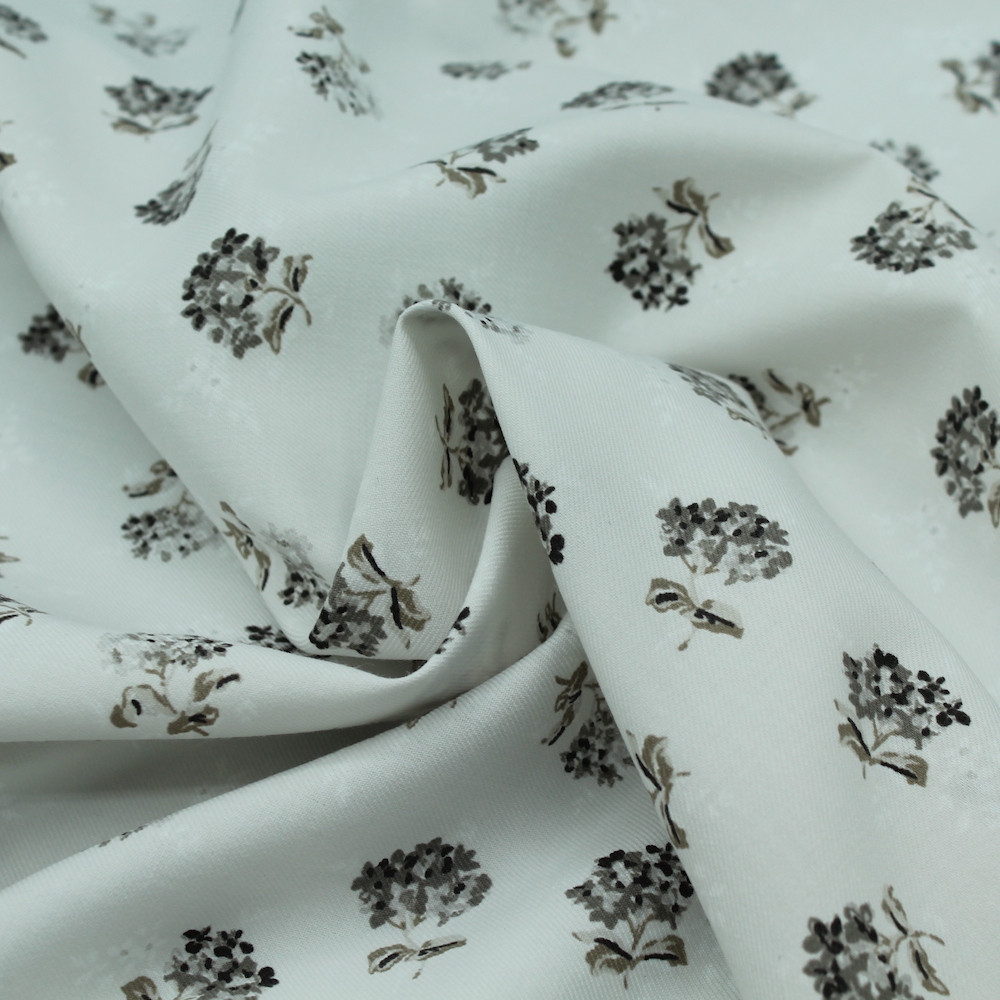 Tissu sergé de coton imprimé bouquets gris x1m