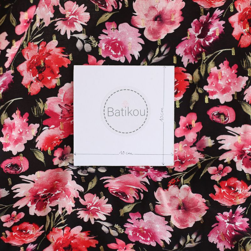 Malia - Viscose plumetis lurex fleuri noir et rose