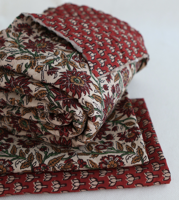 Mira - Tissu indien matelassé double face coton hand block teal largeur 100cm