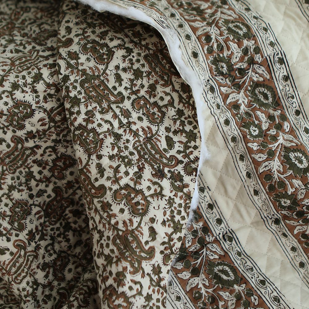 Neela - Tissu indien matelassé double face coton hand block teal largeur 100cm