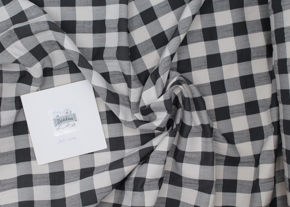 Seersucker / Coton gaufré vichy grand noir écru