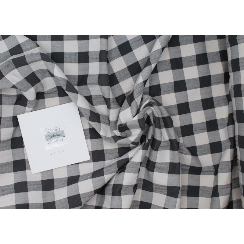 Seersucker / Coton gaufré vichy grand noir écru