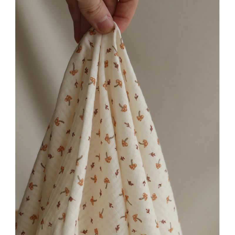 Mario - Seersucker / Coton gaufré doux fond écru champignons cuivre