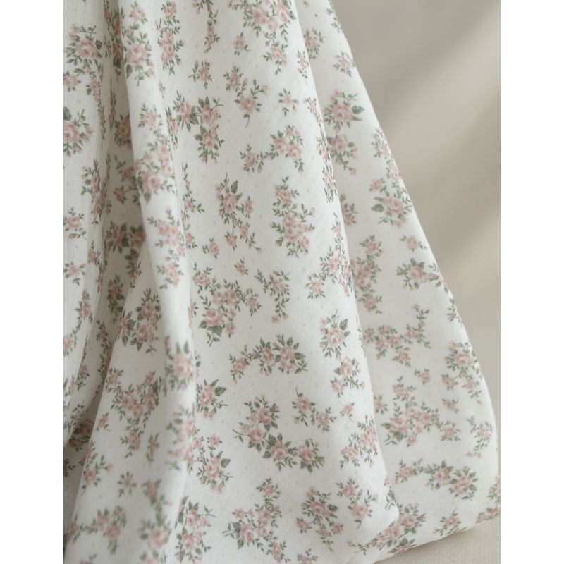 Lilou - Double gaze de coton BIO fond blanc fleuri vert et rose