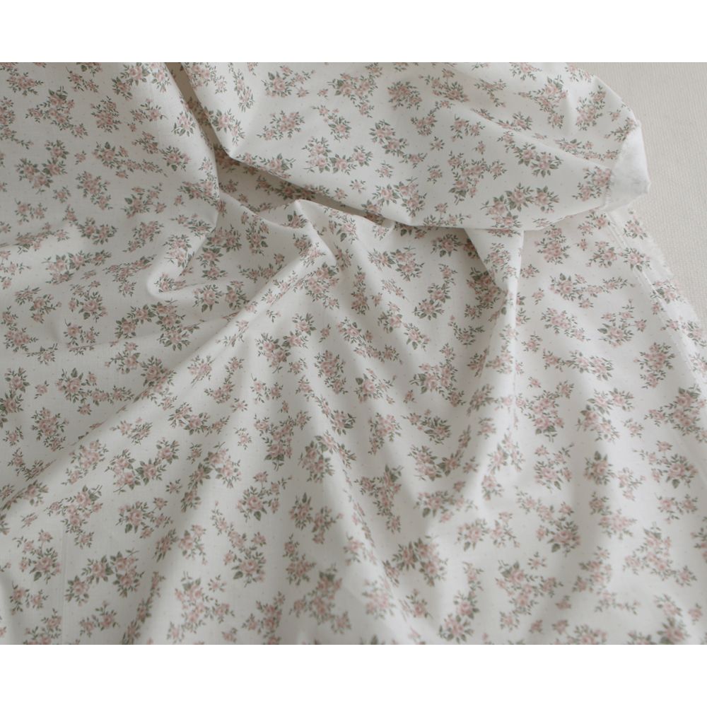 Lilou - Popeline douce coton BIO organique fond blanc imprimé exclusif vert et rose