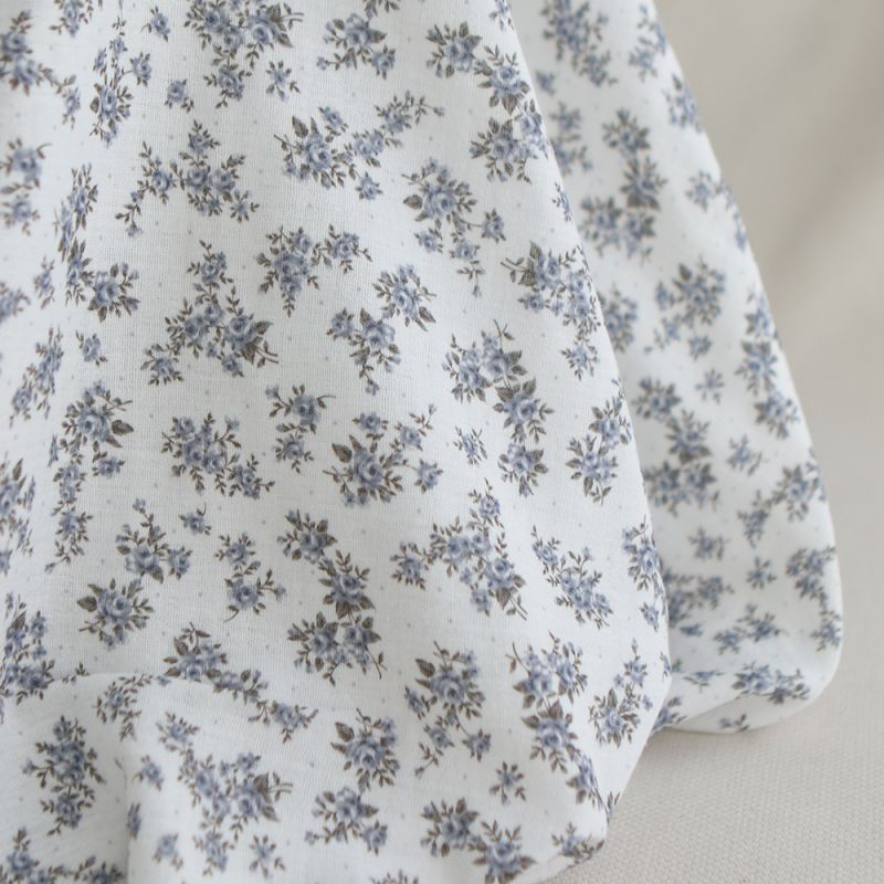 Lilou - Double gaze de coton BIO fond blanc fleuri vert et bleu