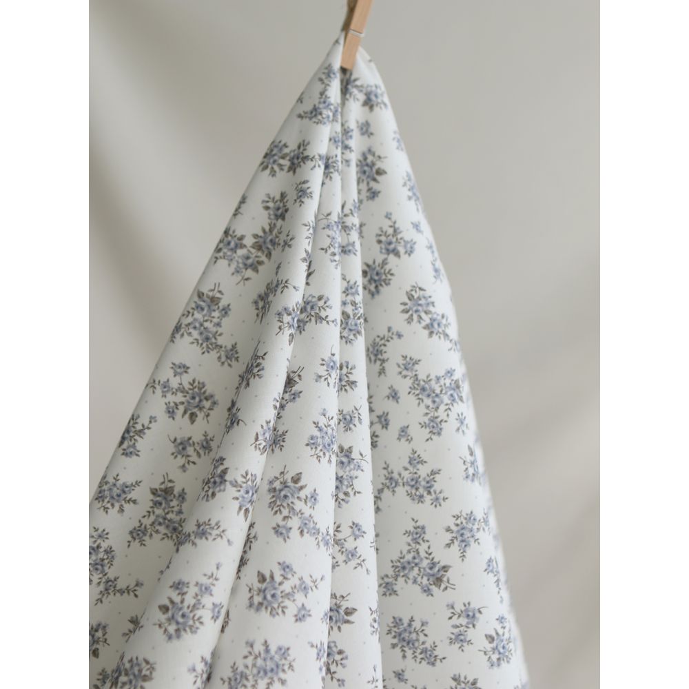 Lilou - Popeline douce coton BIO organique fond blanc imprimé exclusif vert et bleu