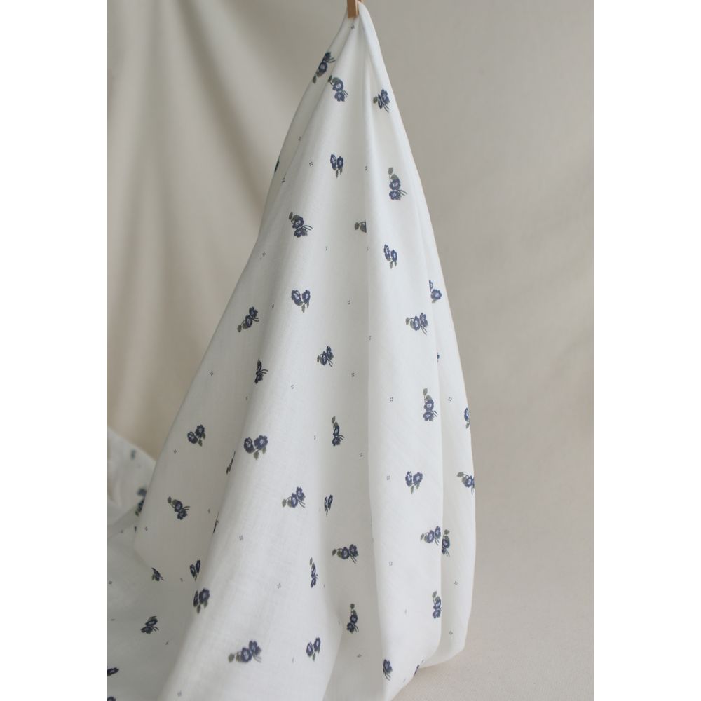 Hana - Double gaze de coton BIO fond blanc fleuri vert et bleu