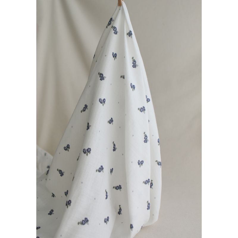 Hana - Double gaze de coton BIO fond blanc fleuri vert et bleu