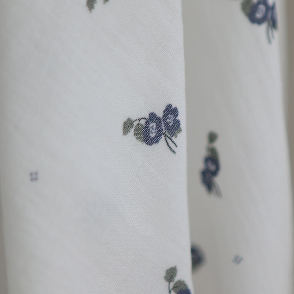 Hana - Double gaze de coton BIO fond blanc fleuri vert et bleu