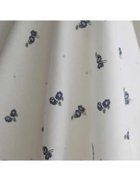 Hana - Popeline douce coton BIO organique fond blanc imprimé exclusif vert et bleu