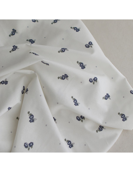 Hana - Popeline douce coton BIO organique fond blanc imprimé exclusif vert et bleu