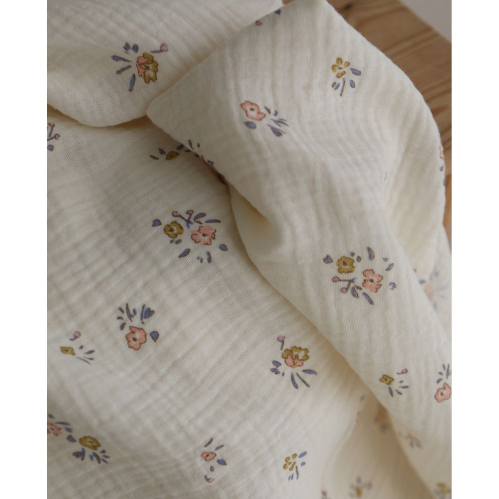 Neha - Double gaze de coton fond écru motif fleuri bleu