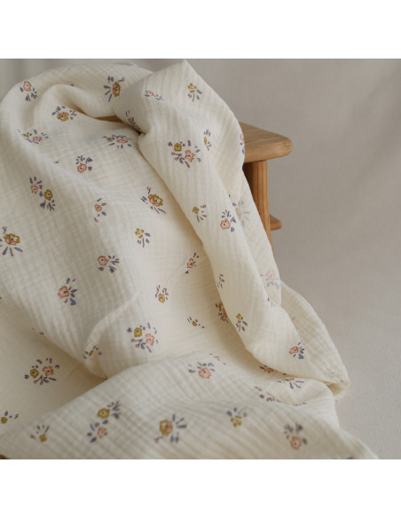 Neha - Double gaze de coton fond écru motif fleuri bleu