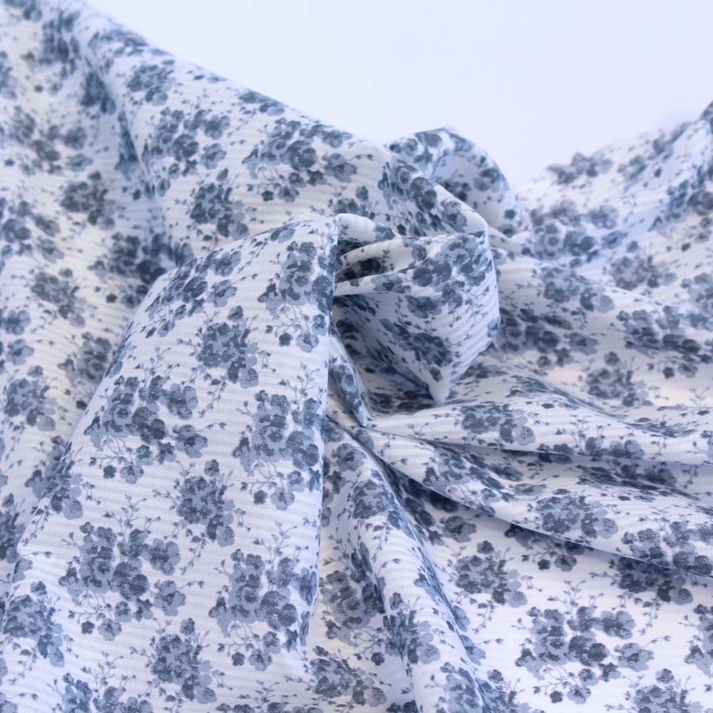 Voile de coton organique rayé imprimé fleuri bleu encre